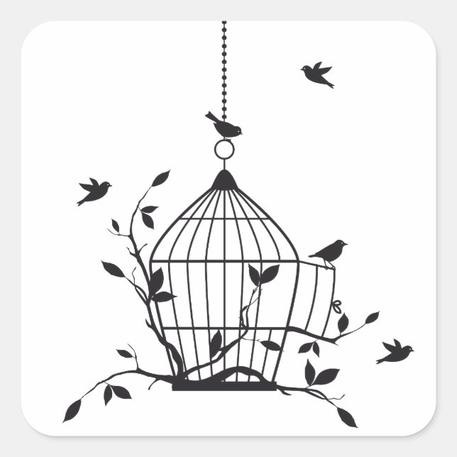 Free birds with open birdcage square sticker (Front)