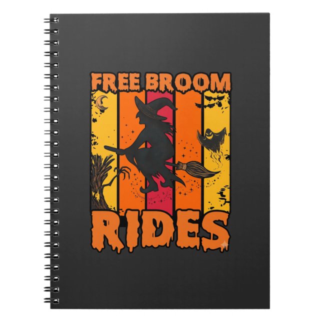 Free Broom Rides Halloween Flying Witch Ghost Bats Notebook (Front)