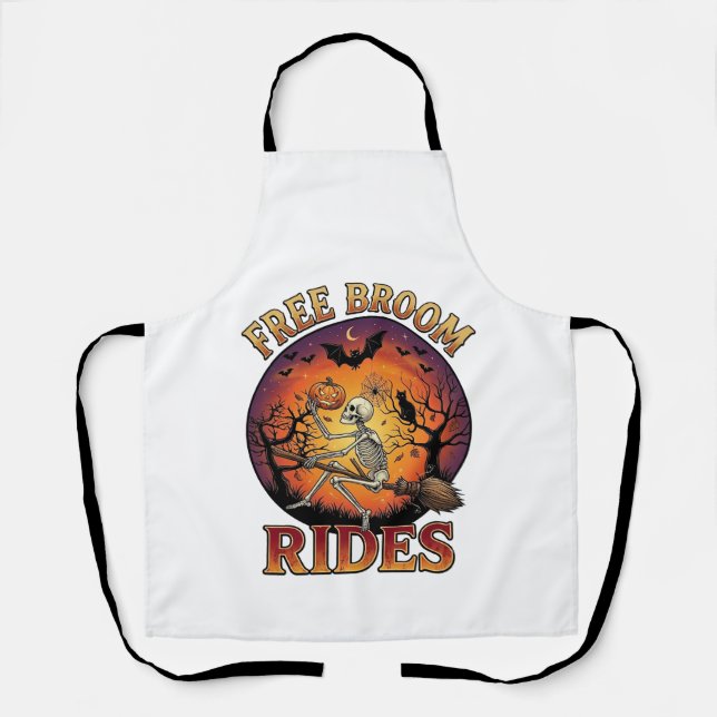 Free Broom Rides Halloween Skeleton Pumpkin Black  Apron (Front)