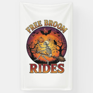 Free Broom Rides Halloween Skeleton Pumpkin Black Banner