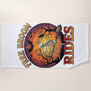 Free Broom Rides Halloween Skeleton Pumpkin Black Beach Towel