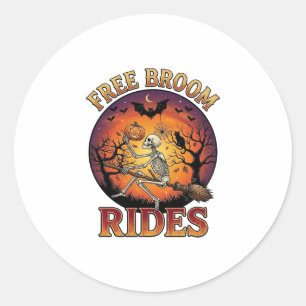 Free Broom Rides Halloween Skeleton Pumpkin Black Classic Round Sticker