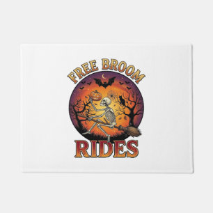Free Broom Rides Halloween Skeleton Pumpkin Black Doormat