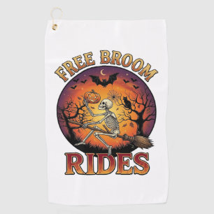 Free Broom Rides Halloween Skeleton Pumpkin Black Golf Towel