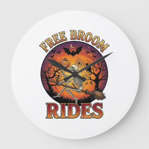 Free Broom Rides Halloween Skeleton Pumpkin Black Large Clock