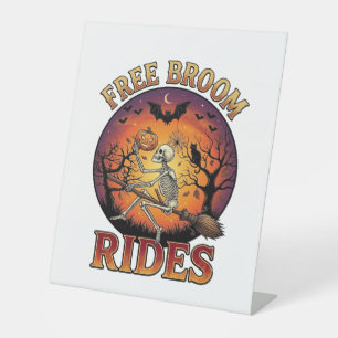 Free Broom Rides Halloween Skeleton Pumpkin Black  Pedestal Sign