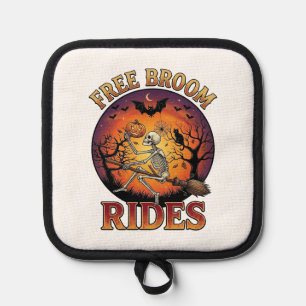 Free Broom Rides Halloween Skeleton Pumpkin Black  Pot Holder