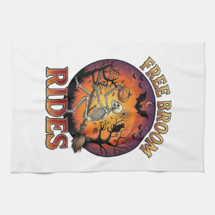 Free Broom Rides Halloween Skeleton Pumpkin Black Tea Towel