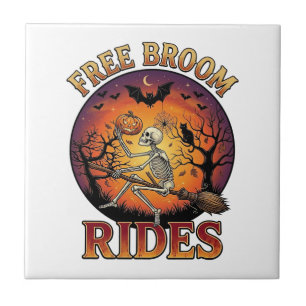 Free Broom Rides Halloween Skeleton Pumpkin Black  Tile