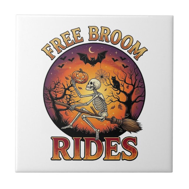 Free Broom Rides Halloween Skeleton Pumpkin Black  Tile (Front)
