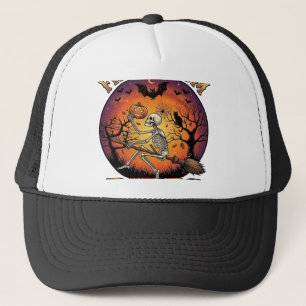 Free Broom Rides Halloween Skeleton Pumpkin Black  Trucker Hat