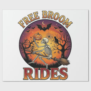 Free Broom Rides Halloween Skeleton Pumpkin Black Wrapping Paper