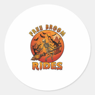 Free Broom Rides Halloween Skeleton Pumpkin Orange Classic Round Sticker