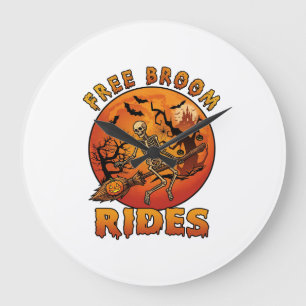 Free Broom Rides Halloween Skeleton Pumpkin Orange Large Clock