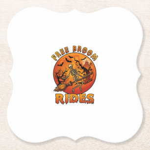 Free Broom Rides Halloween Skeleton Pumpkin Orange Paper Coaster
