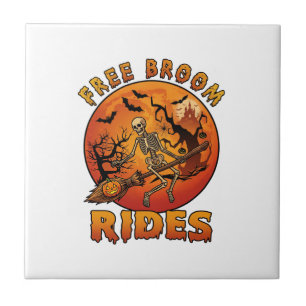 Free Broom Rides Halloween Skeleton Pumpkin Orange Tile