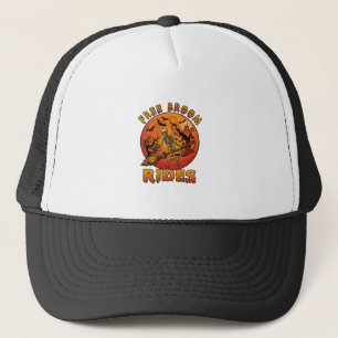 Free Broom Rides Halloween Skeleton Pumpkin Orange Trucker Hat