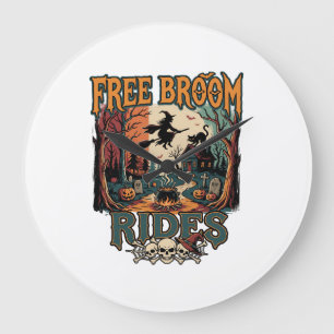 Free Broom Rides Halloween Witch Cat Skulls_1 Large Clock