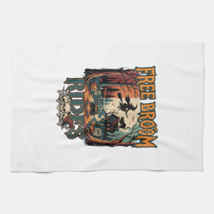 Free Broom Rides Halloween Witch Cat Skulls_1 Tea Towel