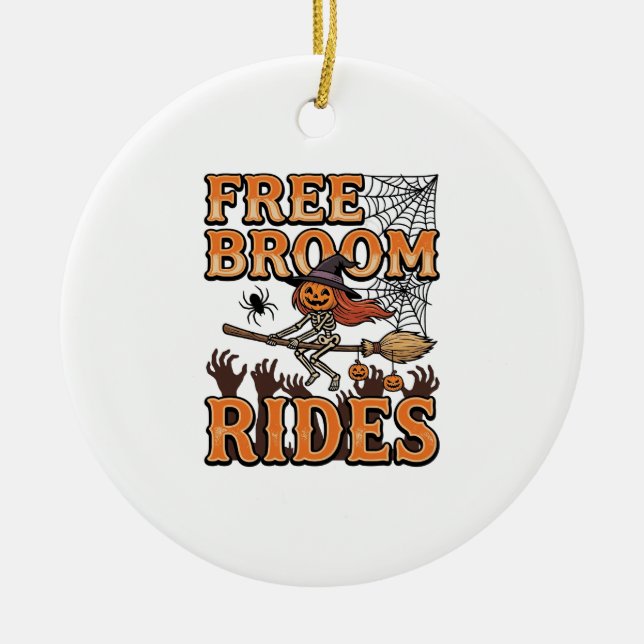 Free Broom Rides Halloween Witch Skeleton Design_1 Ceramic Tree Decoration (Front)