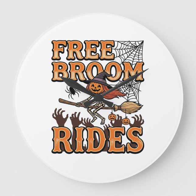 Free Broom Rides Halloween Witch Skeleton Design_1 Large Clock (Front)