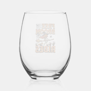 Free Broom Rides Halloween Witch Skeleton Design_1 Stemless Wine Glass