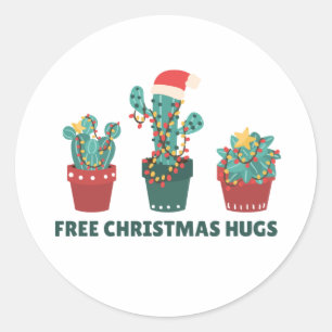 Free Christmas Hugs Funny Cactus Plants Classic Ro Round Sticker