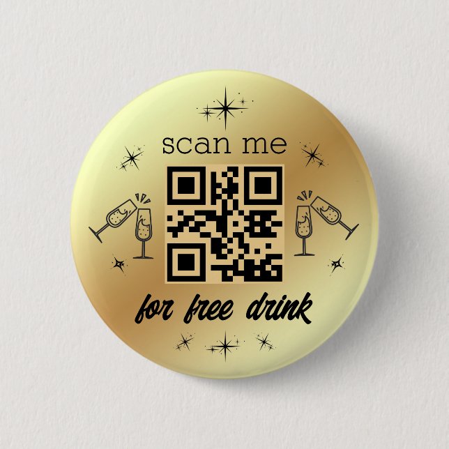 free drink qr code gold metallic stylish  6 cm round badge (Front)