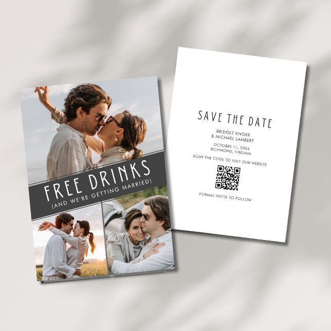 Free Drinks 3 Photo QR Code Wedding  Save The Date (Free Drinks 3 Photo QR Code Wedding Save The Date)