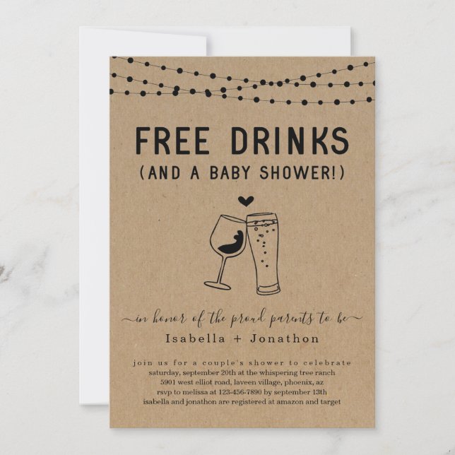 Free Drinks & a Baby Shower Couples Gender Neutral Invitation (Front)