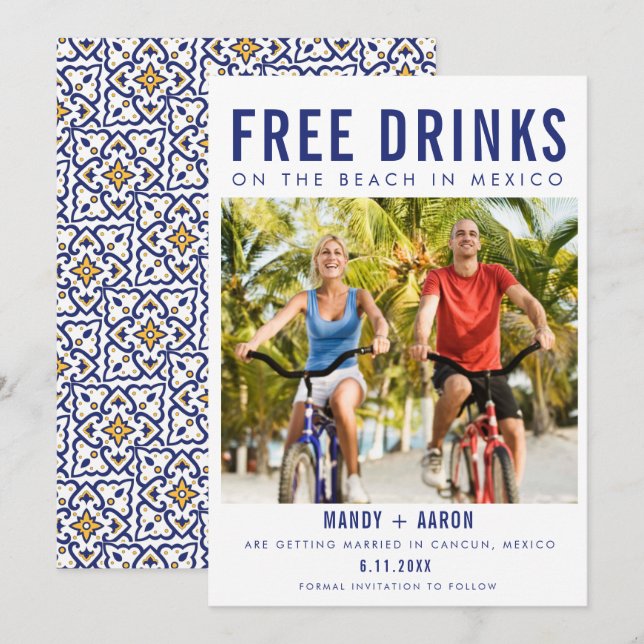 Free Drinks Beach in Mexico Destination Wedding  Save The Date (Front/Back)