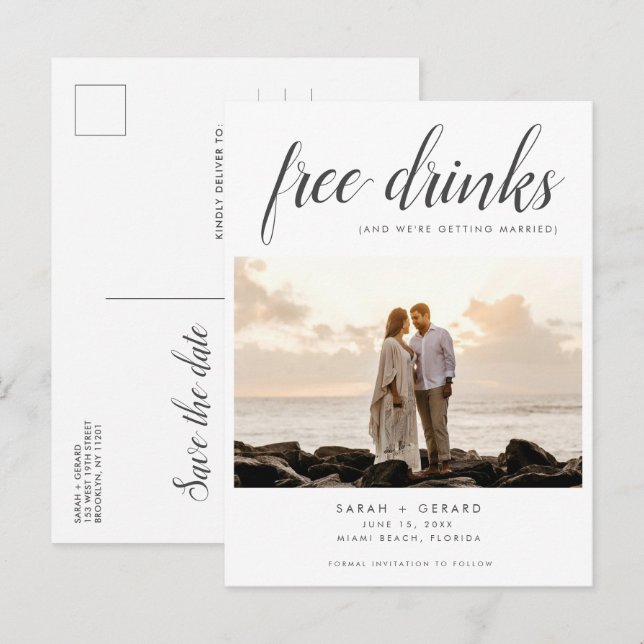 Free Drinks Beach Wedding Photo Save the Date Announcement Postcard (Front/Back)