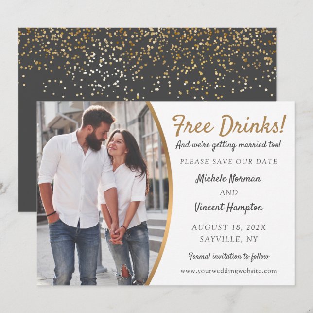 Free Drinks Black Gold Photo Casual Save The Date (Front/Back)
