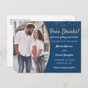 Free Drinks Blue Gold Photo Casual Save The Date Postcard
