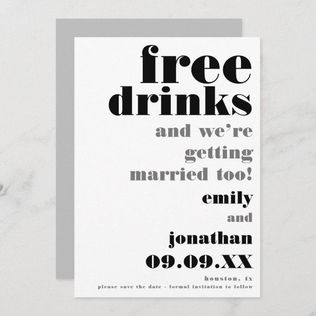 Free Drinks Casual text Wedding Save The Date (Front/Back)