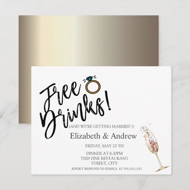 Free Drinks,Champagne Glass Wedding Invitation (Front/Back)