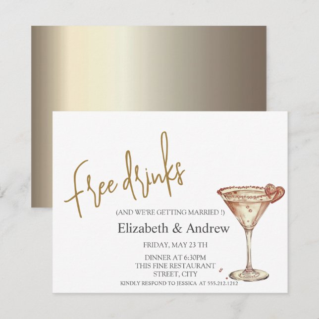 Free Drinks,Chic Champagne Glass Heart Invitation (Front/Back)