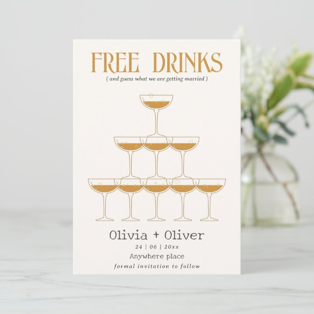 Free drinks cocktail photo wedding  save the date (Standing Front)
