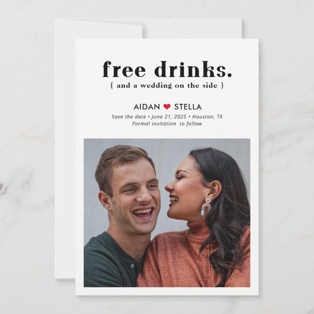 Free Drinks Editable Colour Fun Save The Date Card (Front)