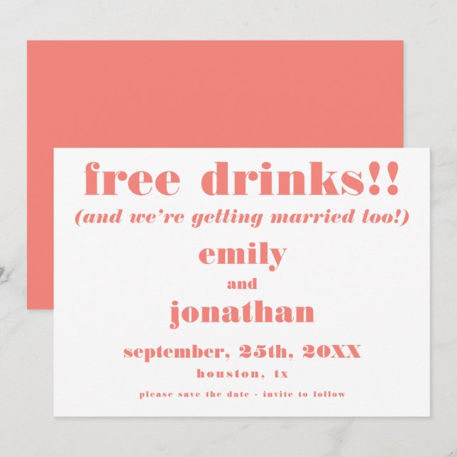 Free Drinks Fun Coral Wedding Save The Date (Front/Back)
