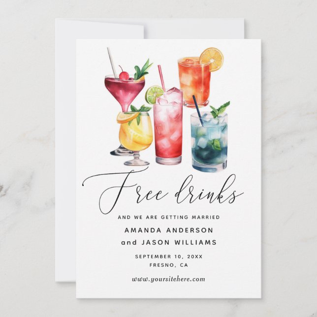 Free Drinks. Funny modern cocktails photo wedding Save The Date (Front)