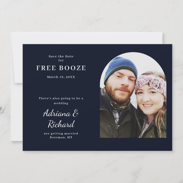 Free Drinks Funny Photo Wedding  Save The Date (Front)