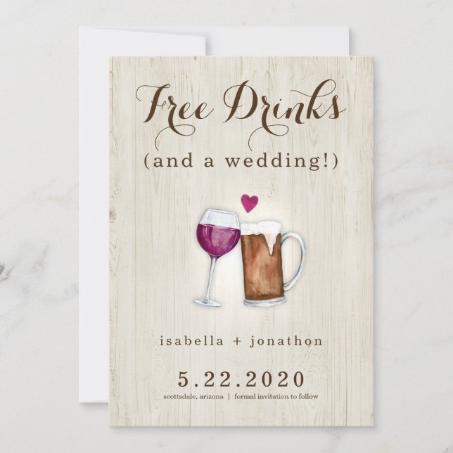 Free Drinks Funny Save the Date Card (Front)