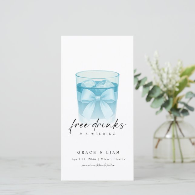 Free Drinks Modern Bow Glass Trendy Bookmark Save The Date (Standing Front)