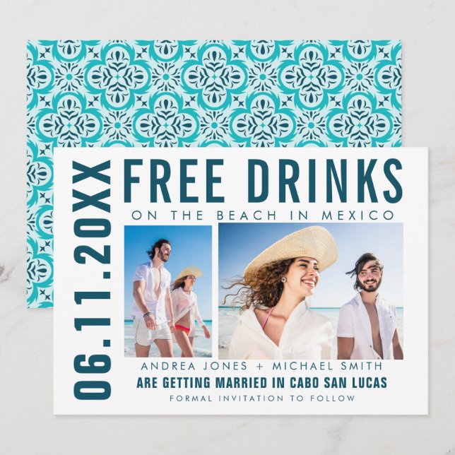 Free Drinks Photo Mexico Beach Wedding Announcement (Front/Back)