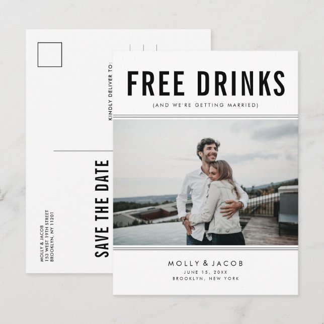 Free Drinks Photo Wedding Save the Date  Announcement Postcard (Front/Back)