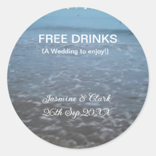Free drinks save the date beach wedding add name classic round sticker