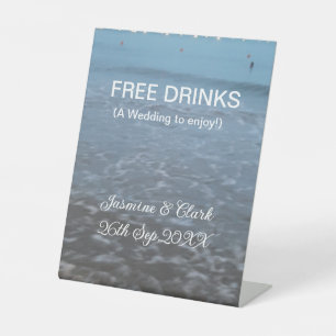 Free drinks save the date beach wedding add name pedestal sign