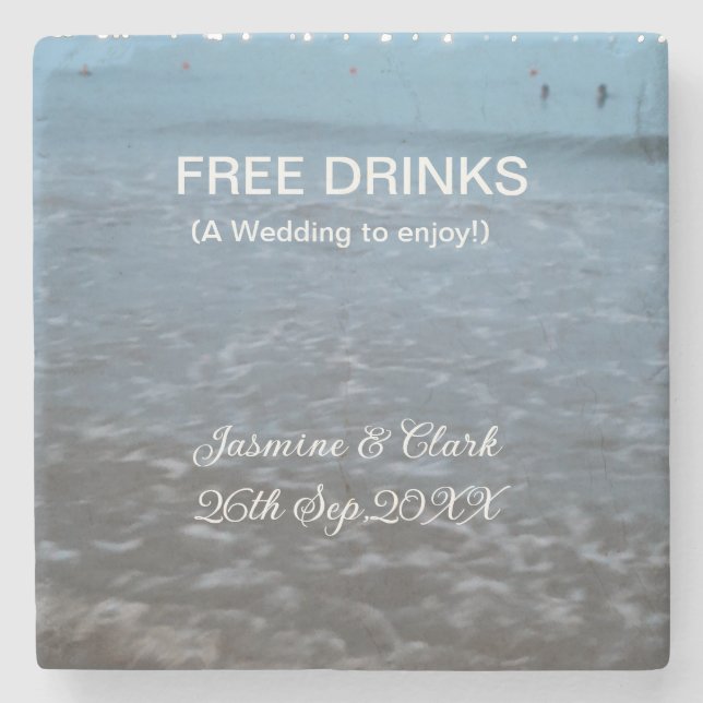 Free drinks save the date beach wedding add name  stone coaster (Front)