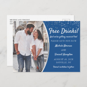 Free Drinks Silver Blue Photo Casual Save The Date Postcard